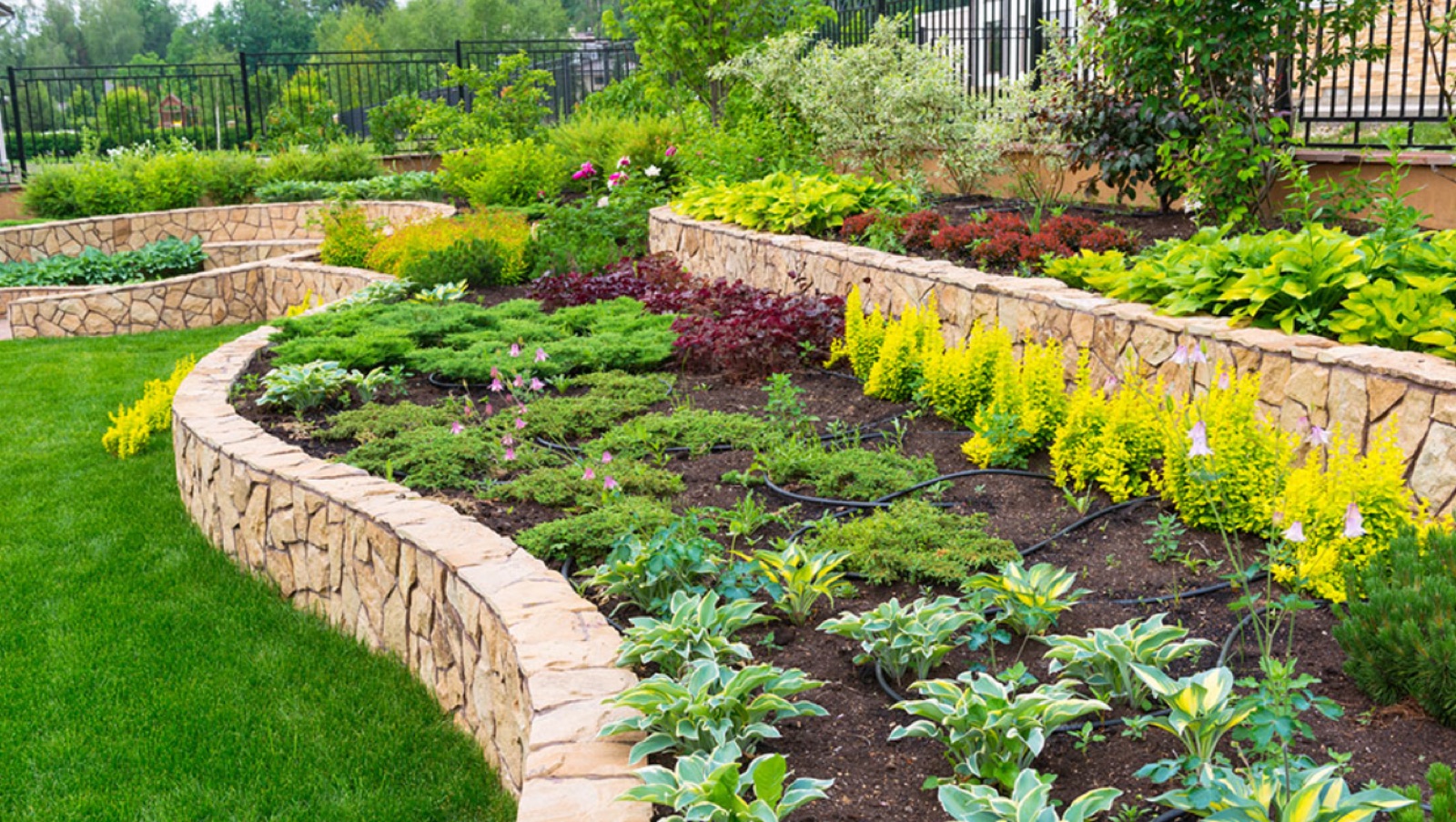Stone retaining wall and terraced garden beds by Natureway